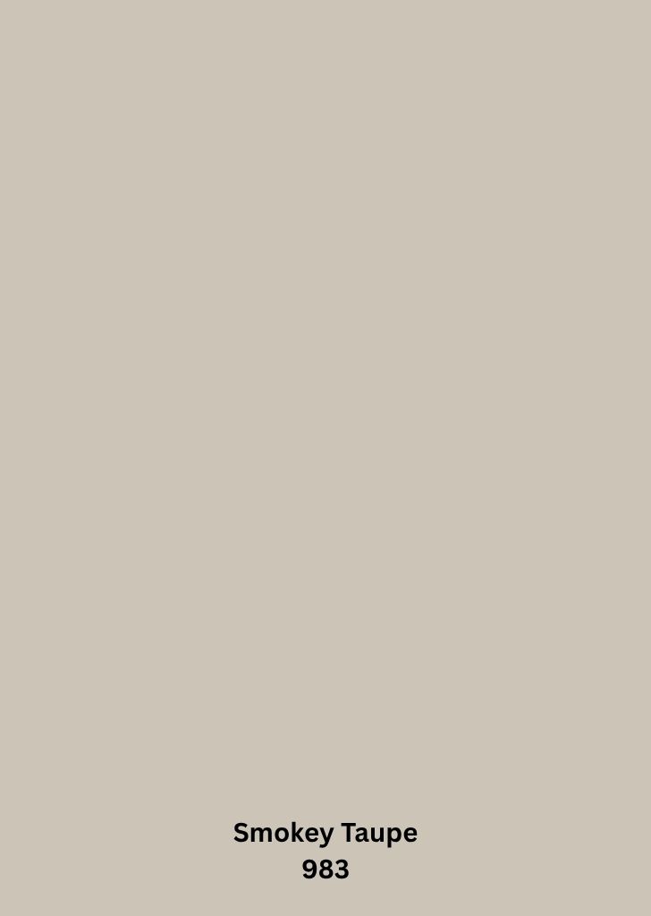 A solid background in a soft taupe color, labeled "Smokey Taupe 983" in black text at the bottom center, showcases the elegance of Benjamin Moore Smokey Taupe Paint.