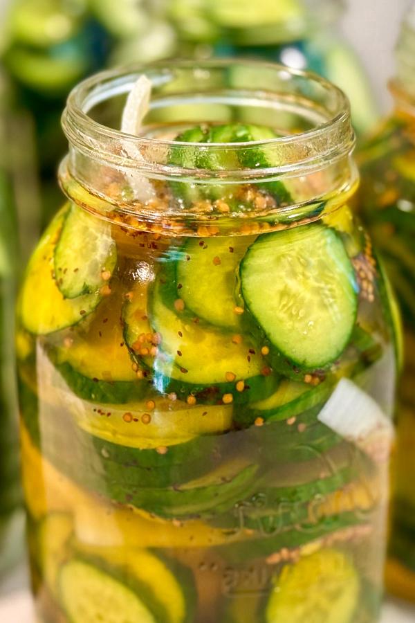 A close-up of a glass jar filled with sliced cucumbers, onions, and spices soaking in a pickling liquid, ready to make homemade pickles.