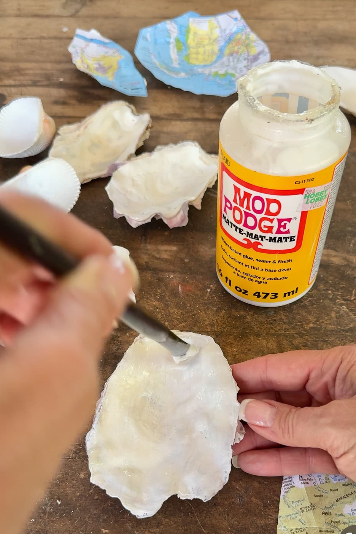 A person applies Mod Podge to a large white seashell with a brush. Nearby are shell halves, a jar of Mod Podge, and map cutouts on a wooden table, suggesting a craft project in progress.