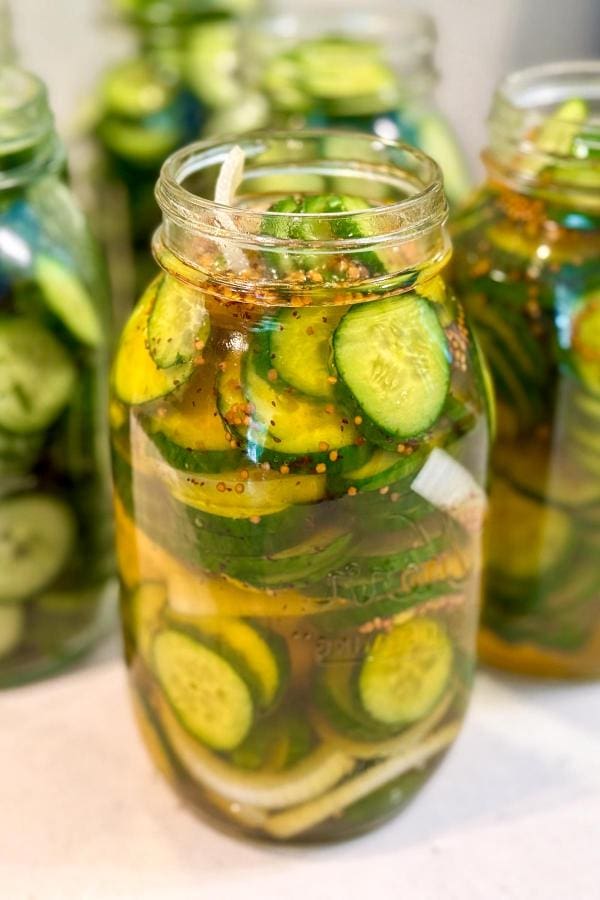 Close-up of a glass jar filled with sliced cucumbers, onions, and spices submerged in pickling liquid, with similar jars in the background.