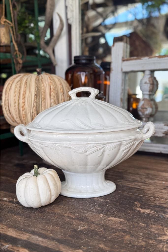 A white ceramic tureen with a lid sits on a rustic wooden surface, next to a small white pumpkin. In the background are a textured pumpkin, amber glass bottle, and vintage decor.