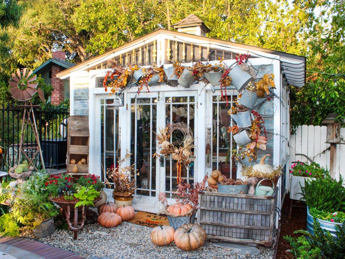A small glass garden shed decorated for autumn with pumpkins, dried flowers, potted plants, and metal watering cans hanging above the door. Baskets and crates with gourds and fall decor sit around the entrance.