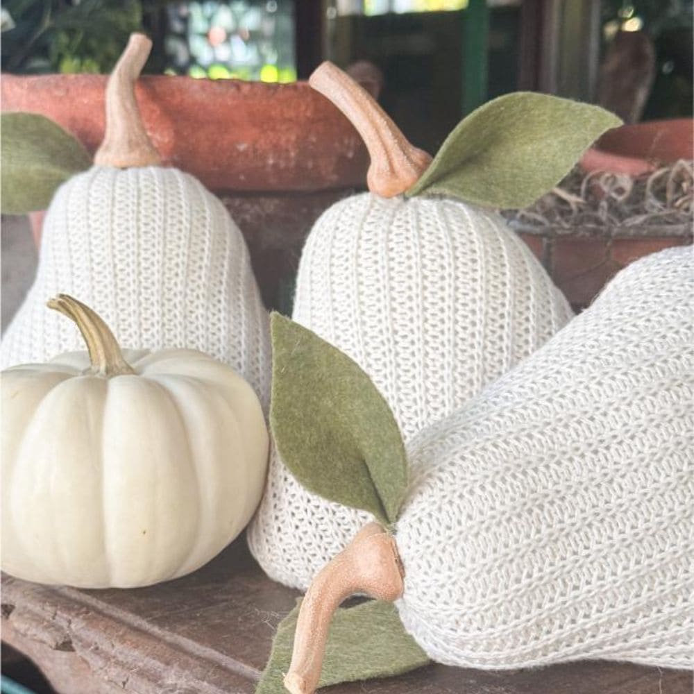 Three knit fabric pumpkins with felt leaves and wooden stems sit next to a white real pumpkin on a rustic wooden surface, surrounded by potted plants and autumn decor.