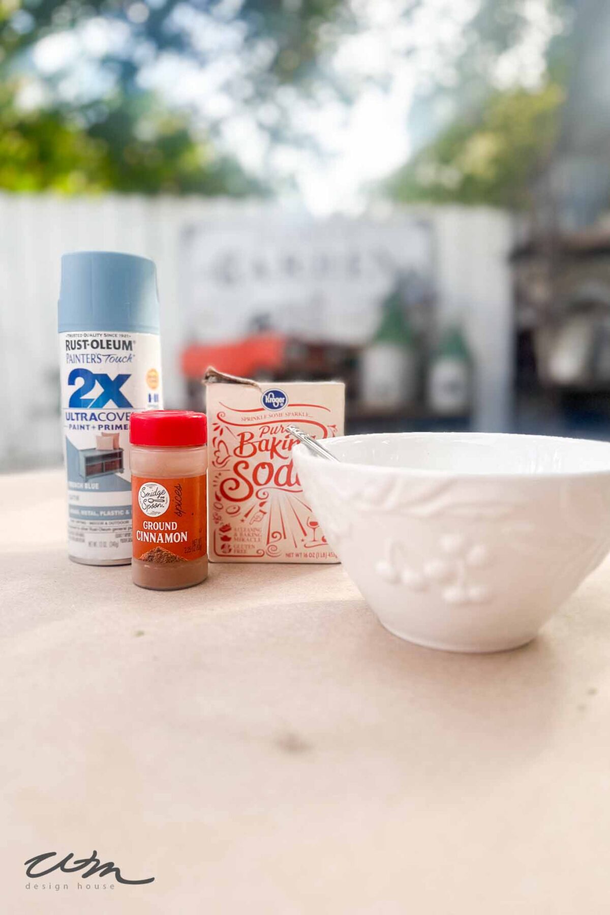 A can of spray paint, a container of ground cinnamon, a box of baking soda, and a white ceramic bowl are arranged on a table outdoors with a blurred garden background.