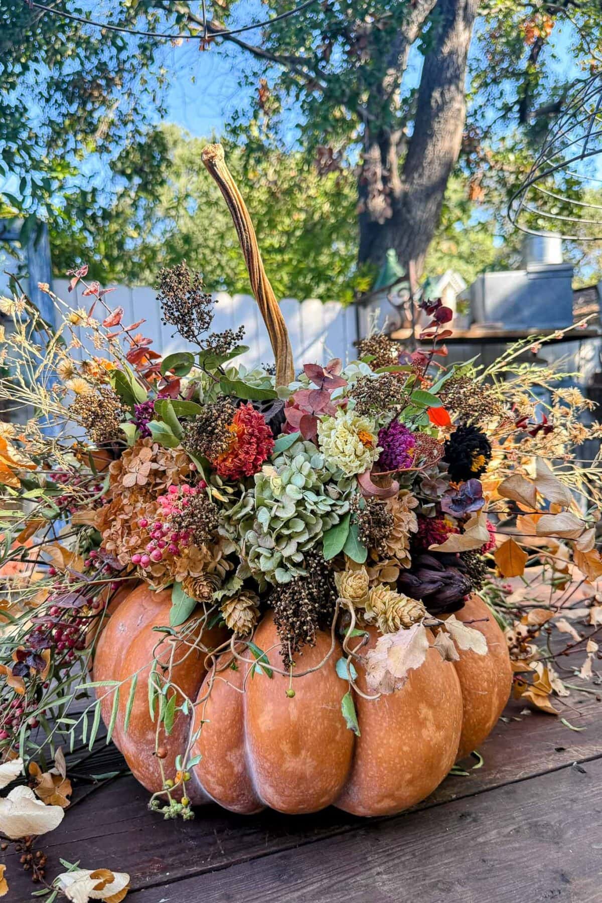 A large pumpkin is hollowed out and filled with an arrangement of colorful dried flowers and foliage, sitting on a wooden table outdoors with trees and a fence in the background.