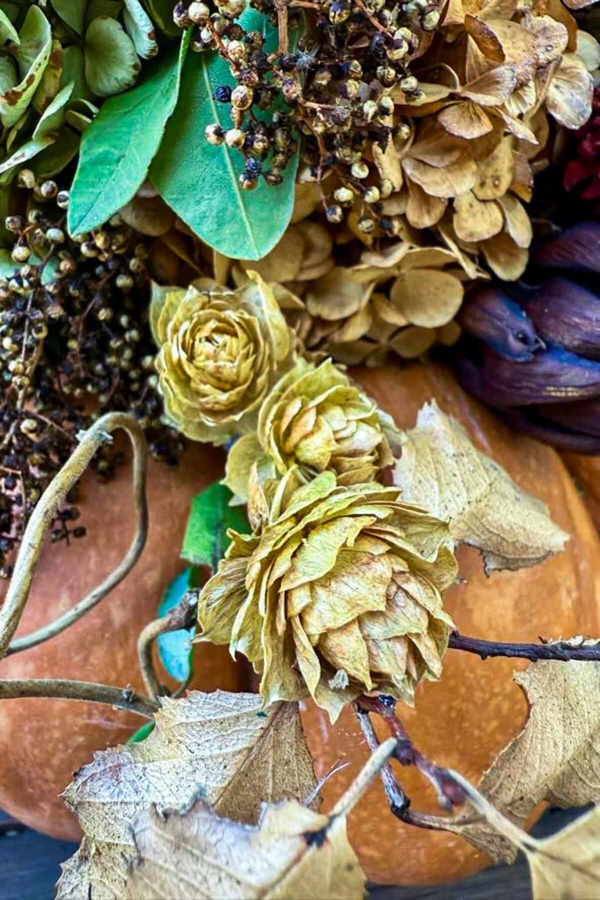 A close-up of dried flowers, leaves, and seed pods arranged on top of an orange pumpkin, showcasing autumnal colors and textures.