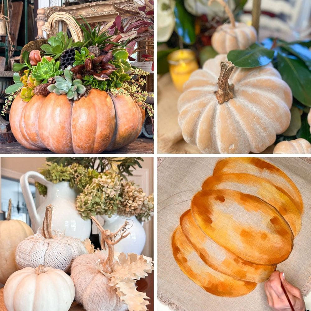 A collage of four pumpkin-themed images highlights creative pumpkin crafts: a pumpkin planter with succulents, a white pumpkin with greenery, white pumpkins with lace and a pitcher, and an orange pumpkin watercolor painting on fabric.