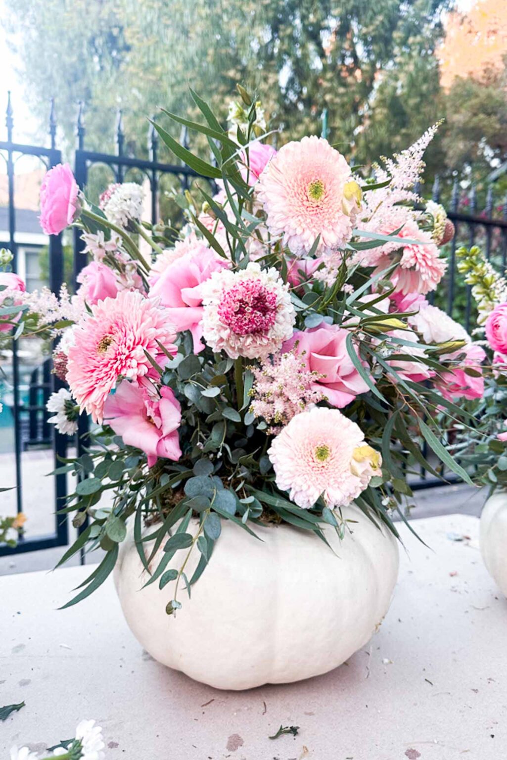 DIY White Pumpkin Flower Arrangement for a Baby Shower