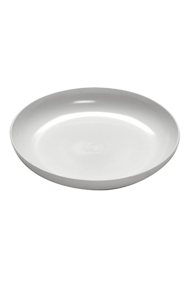 A simple, round, white ceramic plate with a shallow depth, perfect for showcasing a delicate White Pumpkin Flower Arrangement, shown on a white background.