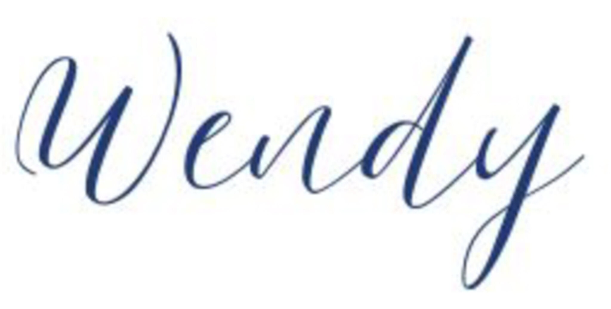 The word "Wendy" written in elegant, blue, cursive script on a white background, evoking the charm of a garden-inspired Christmas craft or the natural beauty of DIY moss cone trees.