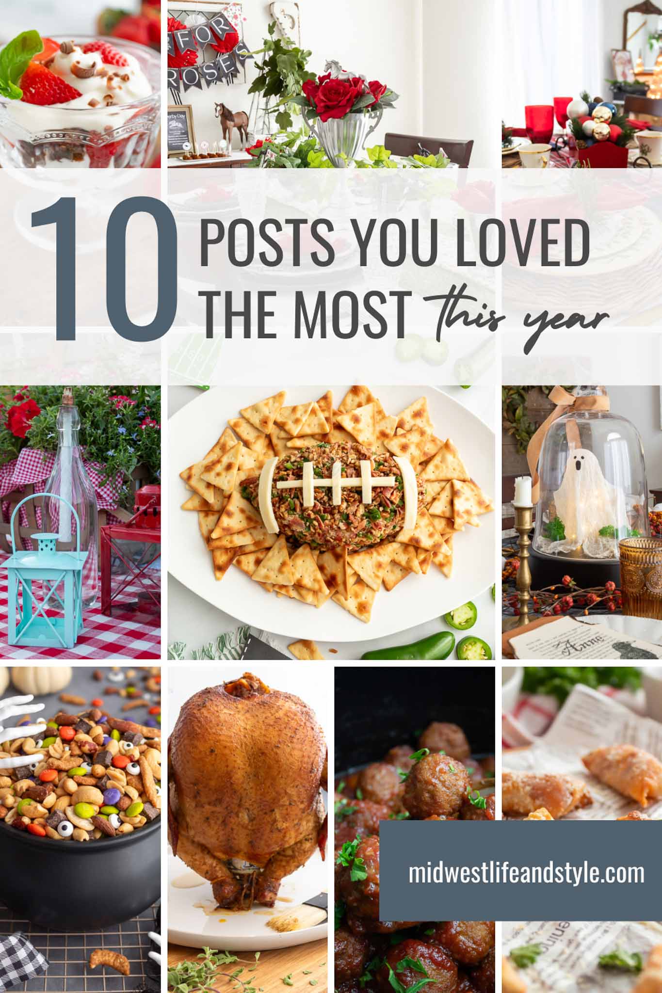 A collage of various food and table settings, featuring dishes like nachos, chicken, meatballs, snack mix, and elegant dining décor, with text: "10 posts you loved the most this year.