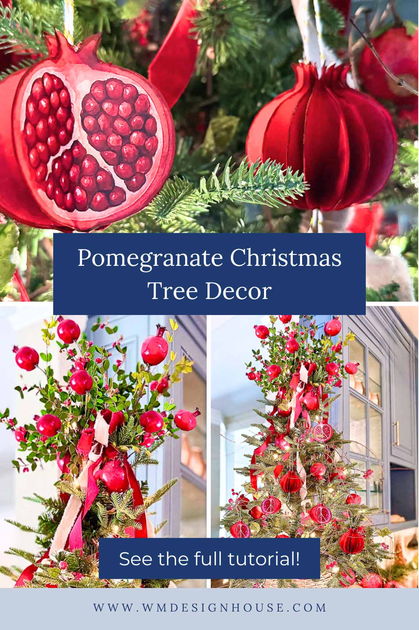 Pomegranate-themed Christmas tree decorations, including red pomegranate ornaments and faux pomegranate branches, displayed on a festive Christmas tree adorned with red ribbons and ornaments. Text reads "Pomegranate Christmas Tree Decor.
