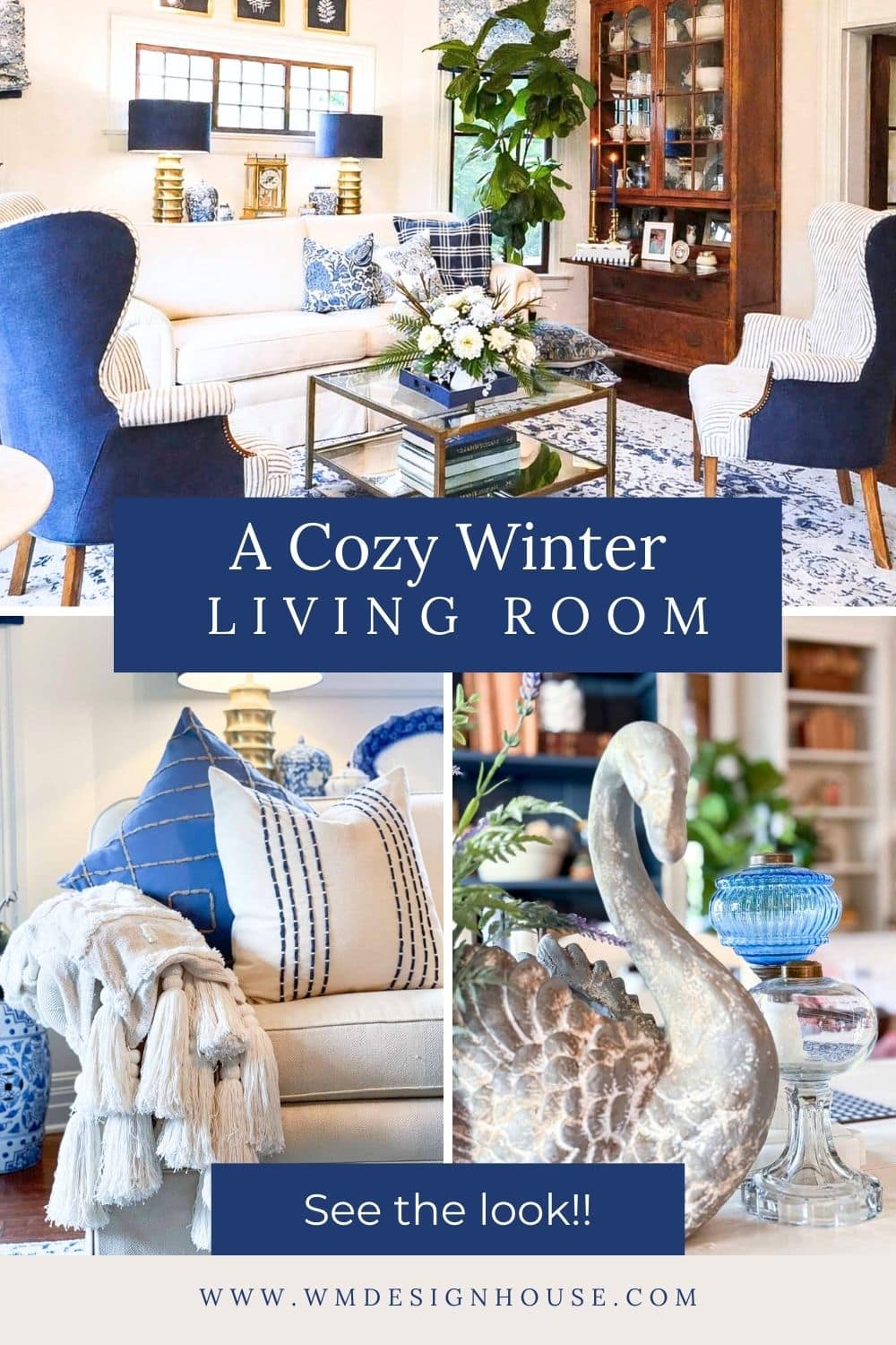 A stylish living room with blue and white decor, plush seating, cozy blankets, patterned pillows, and elegant accessories like a silver swan and blue glassware—perfect for a winter home reset with a cozy winter look.