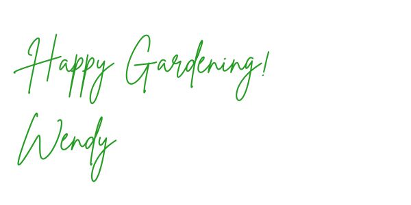 Green handwritten text on a white background reads "Happy Gardening! Wendy," offering inspiration on how to plant dahlia tubers with joy.