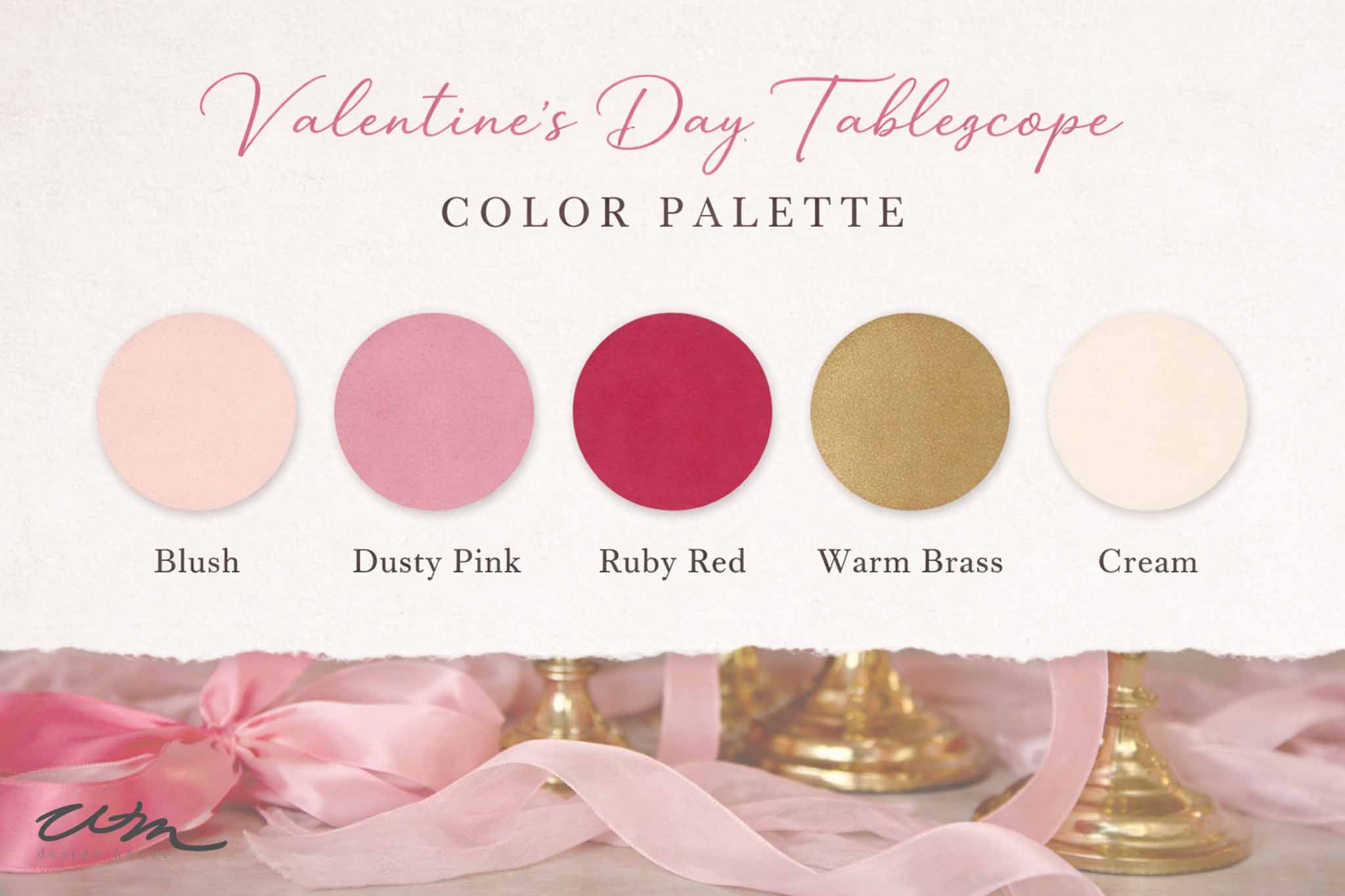 A Valentine’s party for grandkids shines with a tablescape featuring blush, dusty pink, ruby red, warm brass, and cream hues—plus ribbons and brass candleholders in the background for a festive touch.