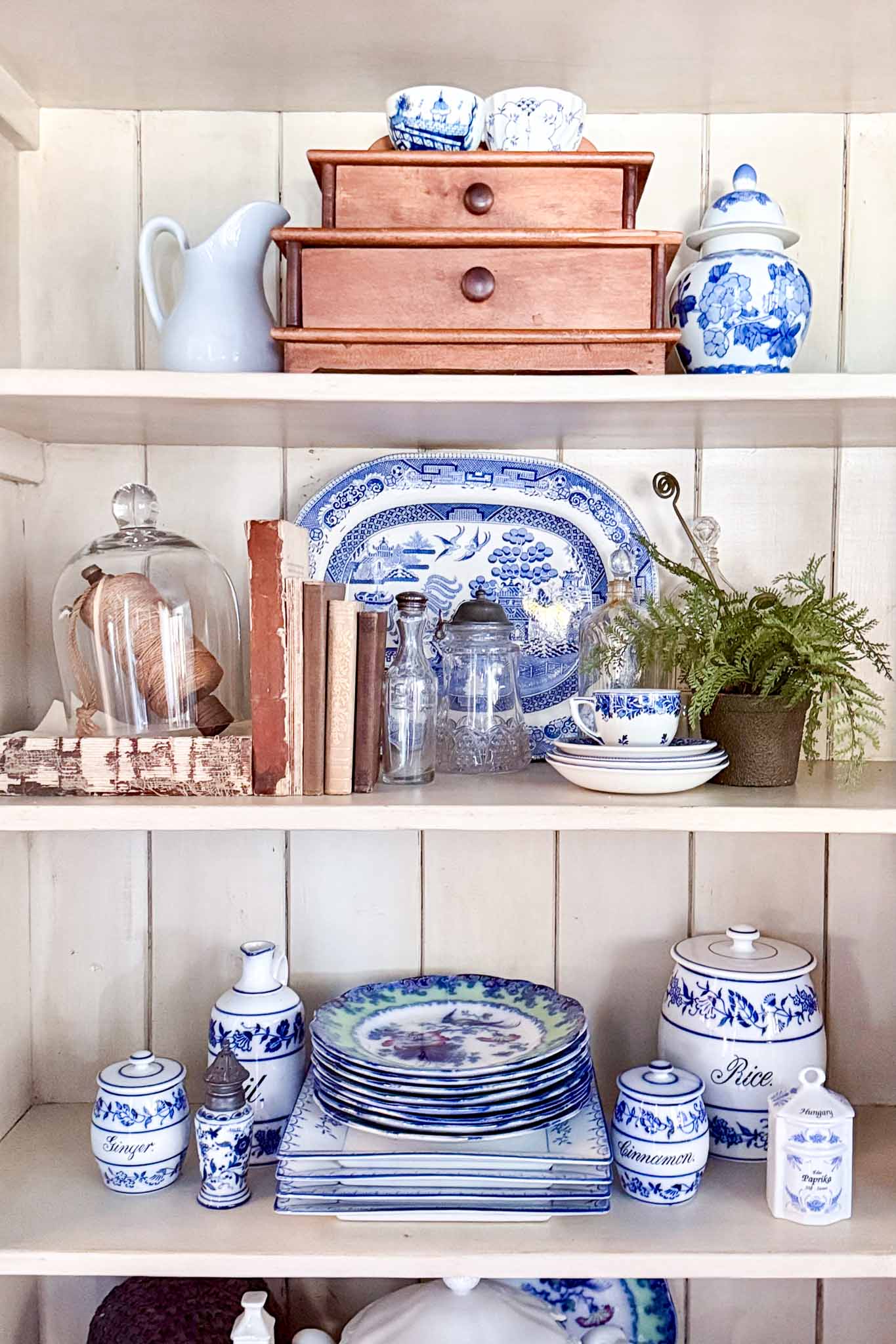 Open wooden shelves display blue and white china, stacked plates, jars, cups, old books, a potted fern, a glass dome over bread, and a small wooden drawer set, creating a vintage, cottagecore kitchen scene.