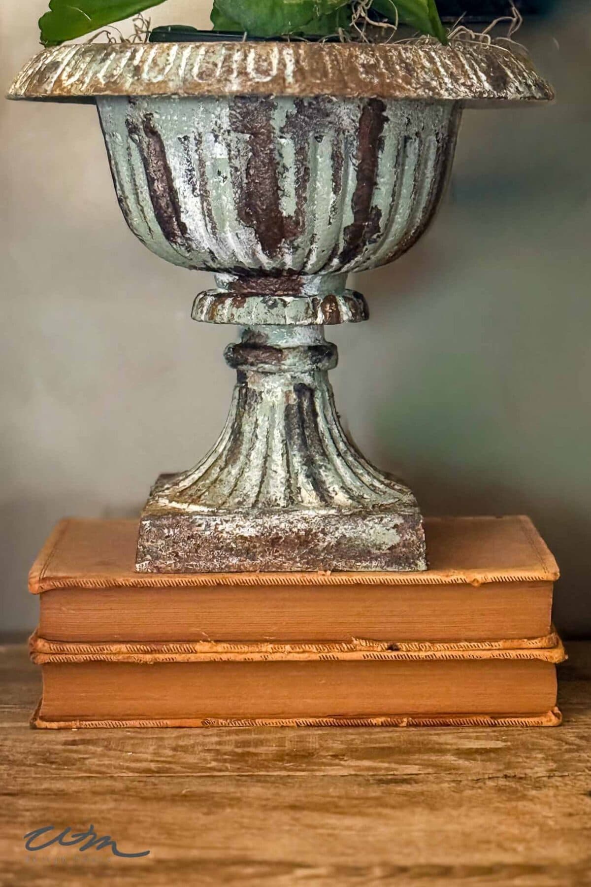 A weathered, antique metal urn with moss and greenery sits atop two stacked vintage books with brown covers, placed on a wooden surface.