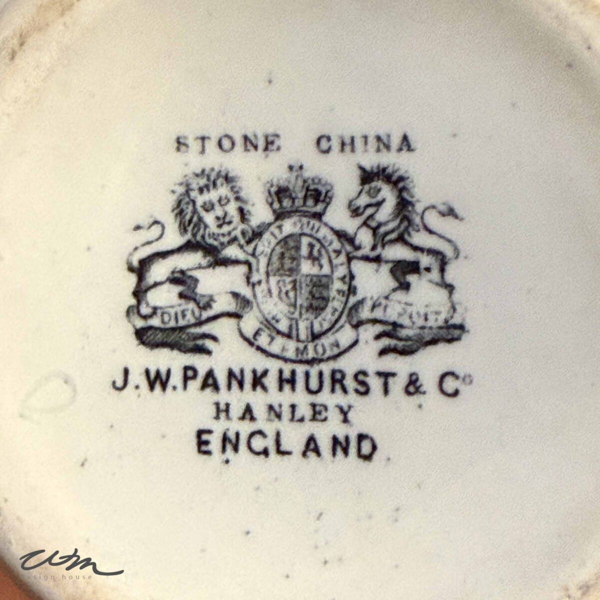 Mark with a lion and unicorn crest above the text: "STONE CHINA J.W. PANKHURST & Co HANLEY ENGLAND." This stamp identifies vintage white ironstone pottery by J.W. Pankhurst & Co from Hanley, England.