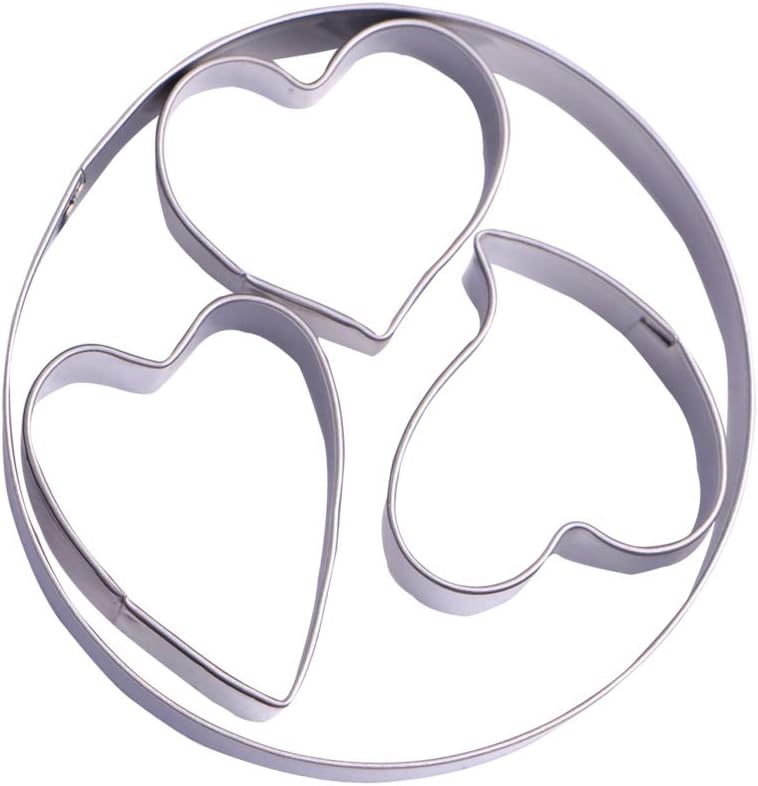 A round metal cookie cutter with three heart-shaped cutouts inside, perfect for creating Heart Sugar Cookies, all made of thin, shiny metal.