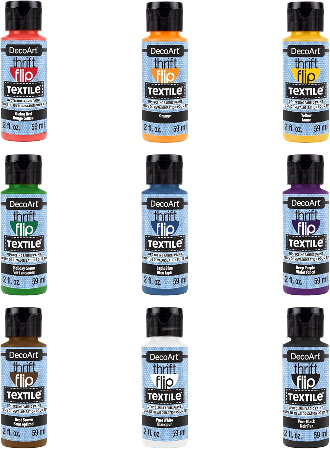Eight bottles of DecoArt Thrift Flip Textile paint are arranged in two vertical columns, featuring colors perfect for creative projects like vegetable block printing—orange, blue, green, pink, yellow, white, black, and purple.