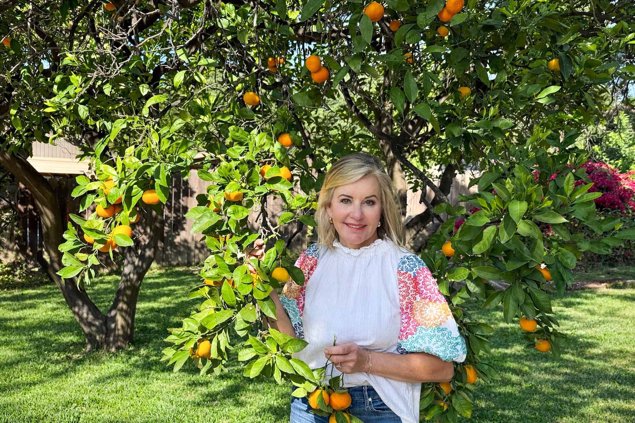 A woman with blonde hair, wearing a white blouse with colorful sleeves, stands under a tree full of fresh tangerines from her backyard tree in a sunny garden, holding a branch with ripe tangerines. Lush green grass and a wooden fence are in the background.