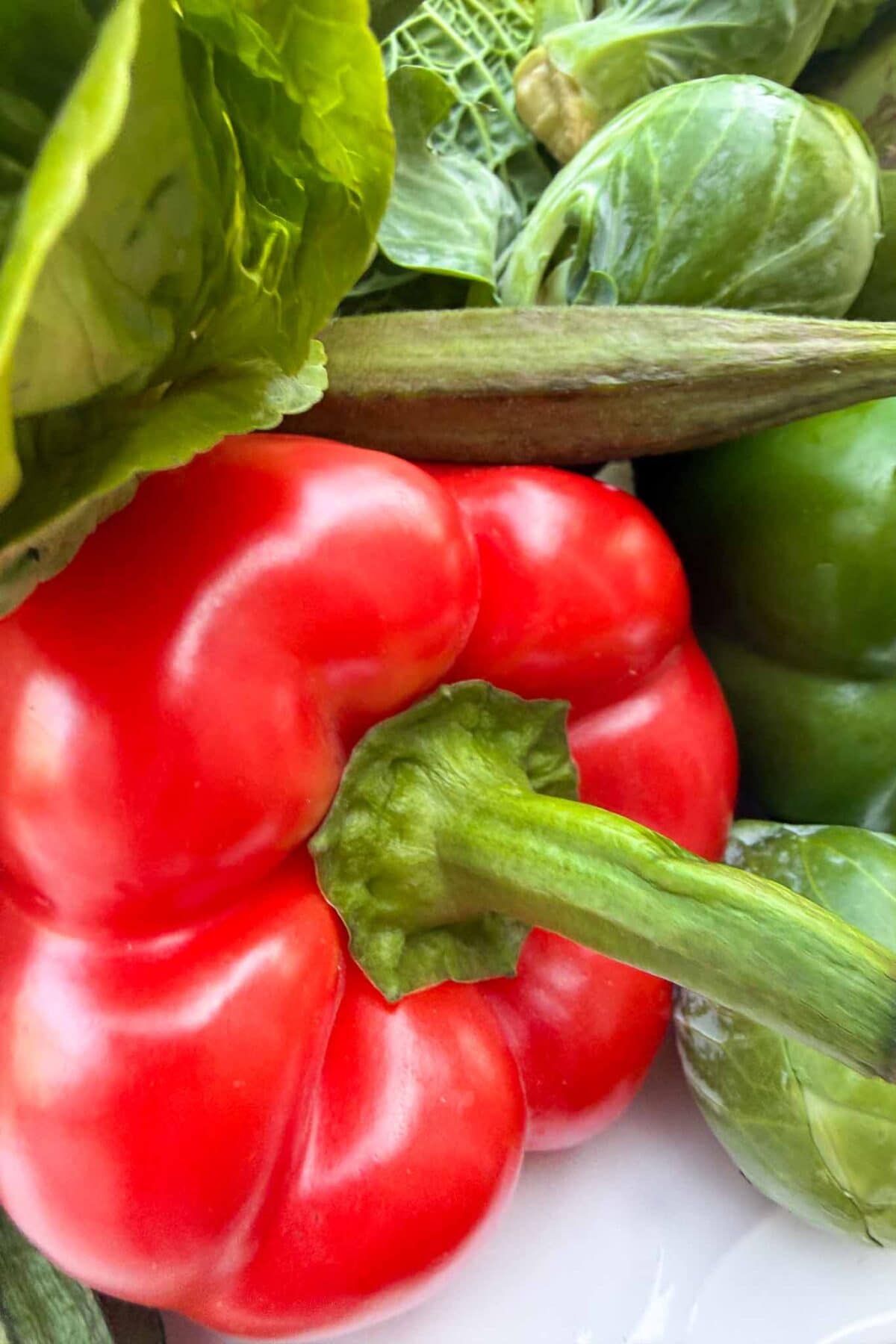 Close-up of a red bell pepper surrounded by green vegetables, including Brussels sprouts, lettuce, and possibly okra.