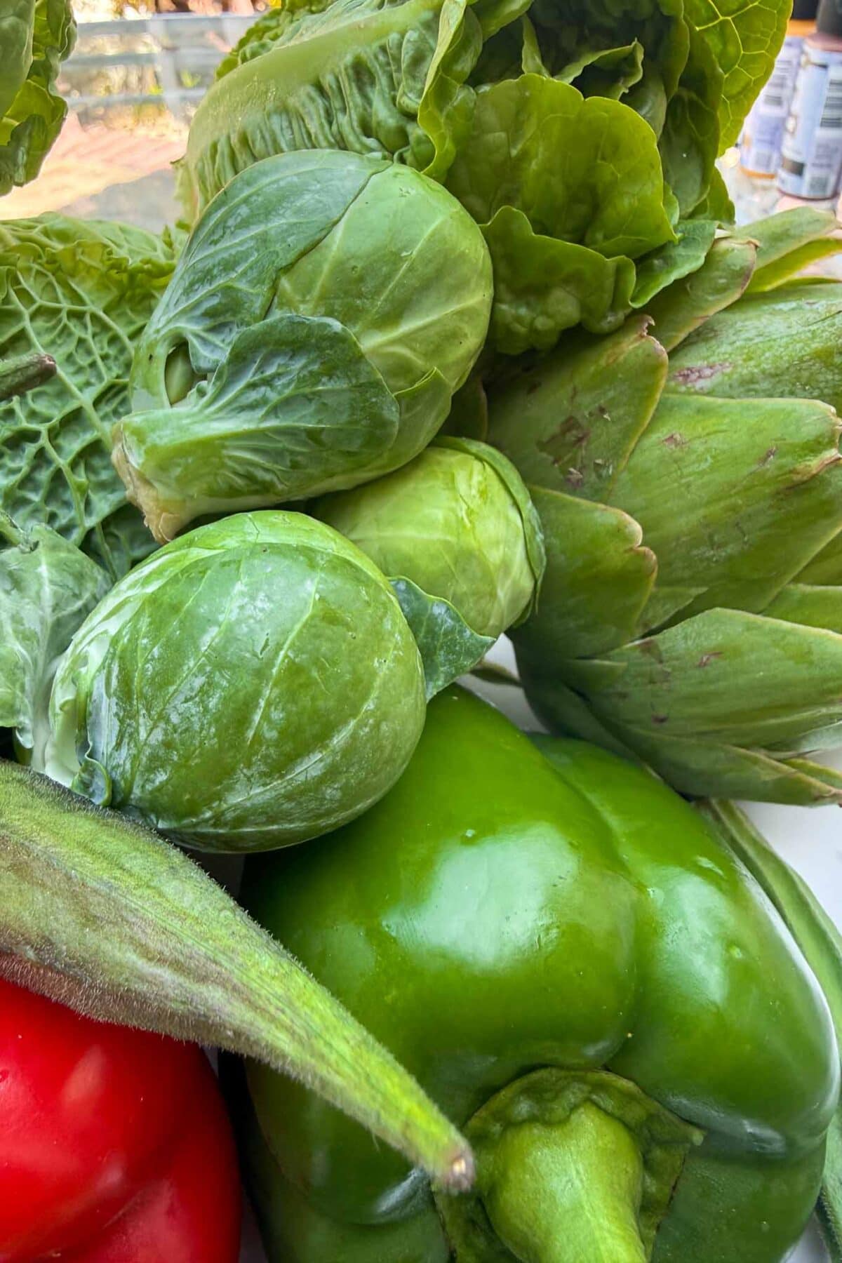 A close-up of fresh green vegetables including Brussels sprouts, lettuce, artichoke, green bell pepper, and a partial red pepper in the foreground.