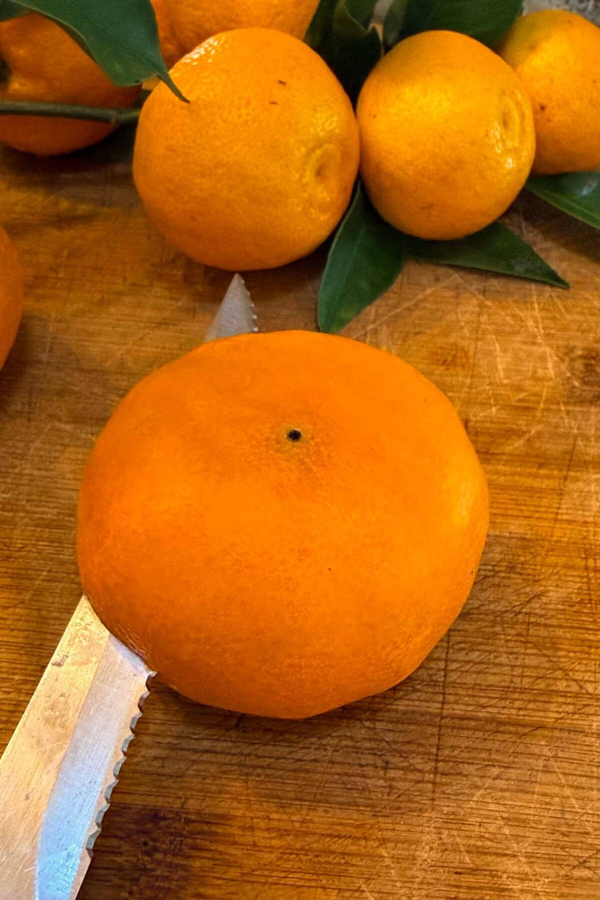 A round, orange tangerine rests on a wooden surface with a serrated knife beside it. More tangerines with green leaves and a small bowl of tangerine puree are visible in the background.