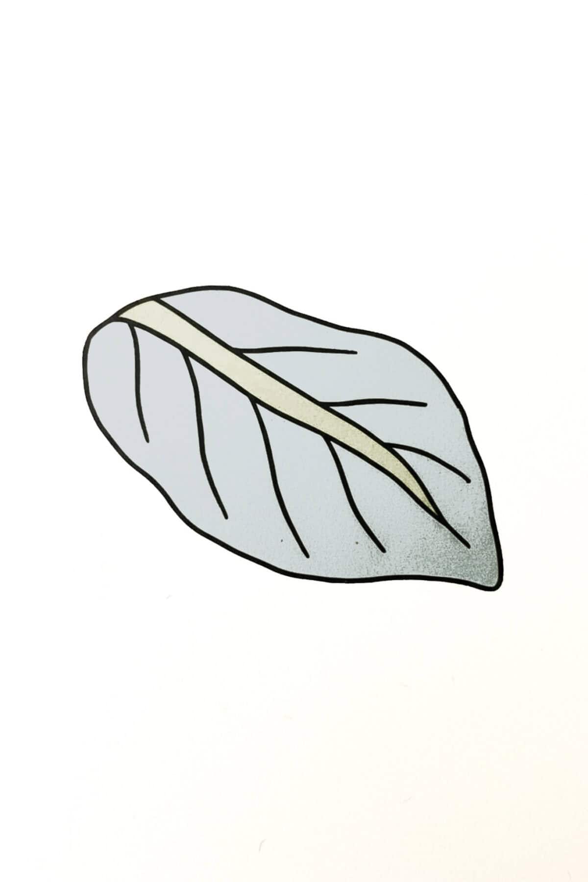 A simple illustration of a light blue leaf with a prominent yellow central vein and thin black secondary veins, outlined in black on a white background—perfect inspiration for DIY lampshade lining with wallpaper.