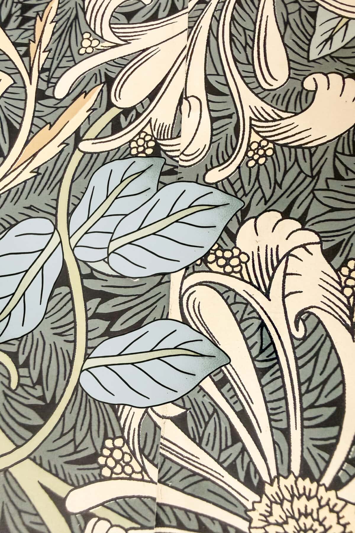 Floral wallpaper design featuring large cream flowers, light blue leaves, and intricate green foliage—perfect for DIY lampshade lining with wallpaper thanks to its swirling patterns and fine details throughout.