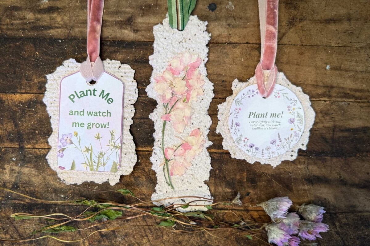 Three handmade, plantable paper tags with floral designs lie on a rustic wooden surface. Two say "Plant Me," and one features pink flowers. Dried purple flowers and greenery rest nearby.