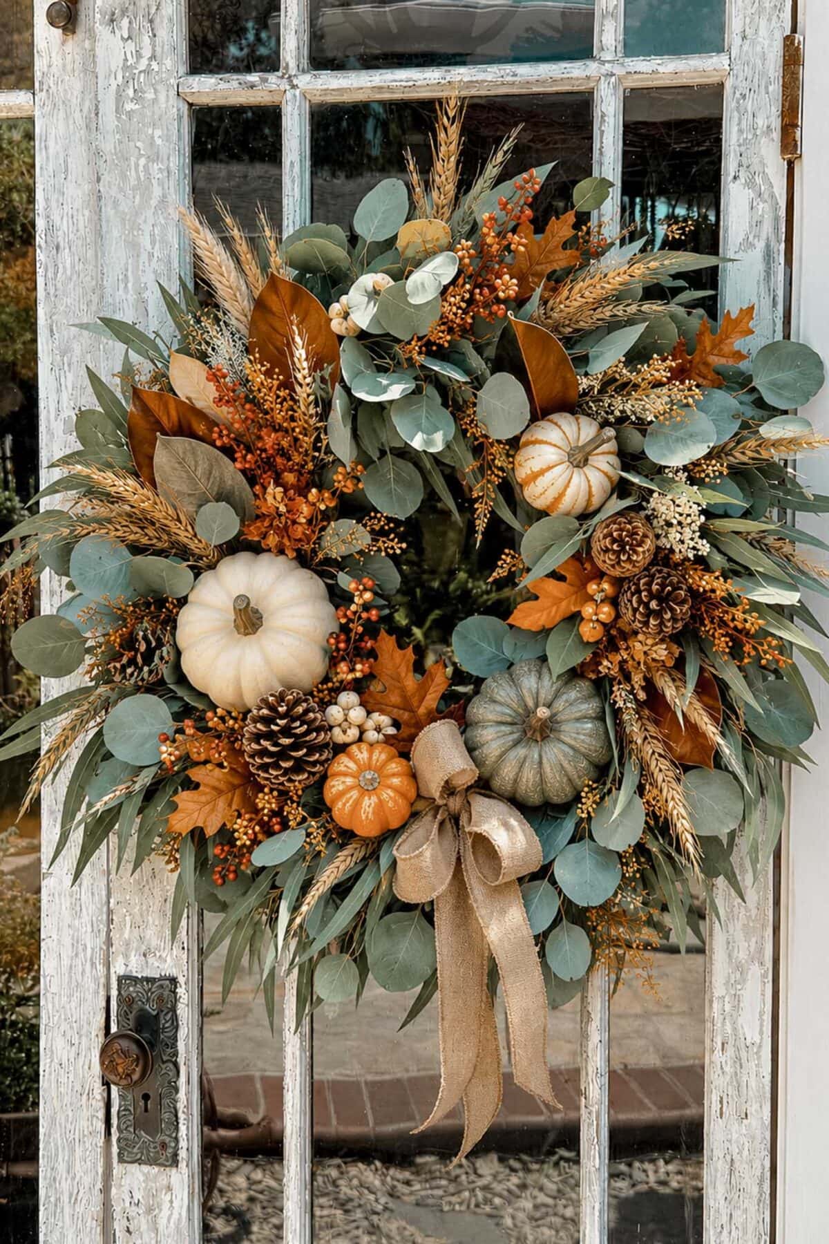 A festive autumn wreath decorated with pumpkins, pinecones, orange berries, wheat stalks, eucalyptus leaves, and a tan ribbon, hanging on a rustic, white-painted glass door.
