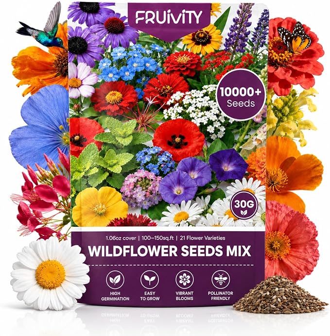 A packet of Fruivity Wildflower Seeds Mix is surrounded by colorful flowers, a butterfly, and a bee. Perfect for DIY seed paper or handmade cards, the packet shows "10,000+ Seeds" with icons for high germination and pollinator friendly blooms.