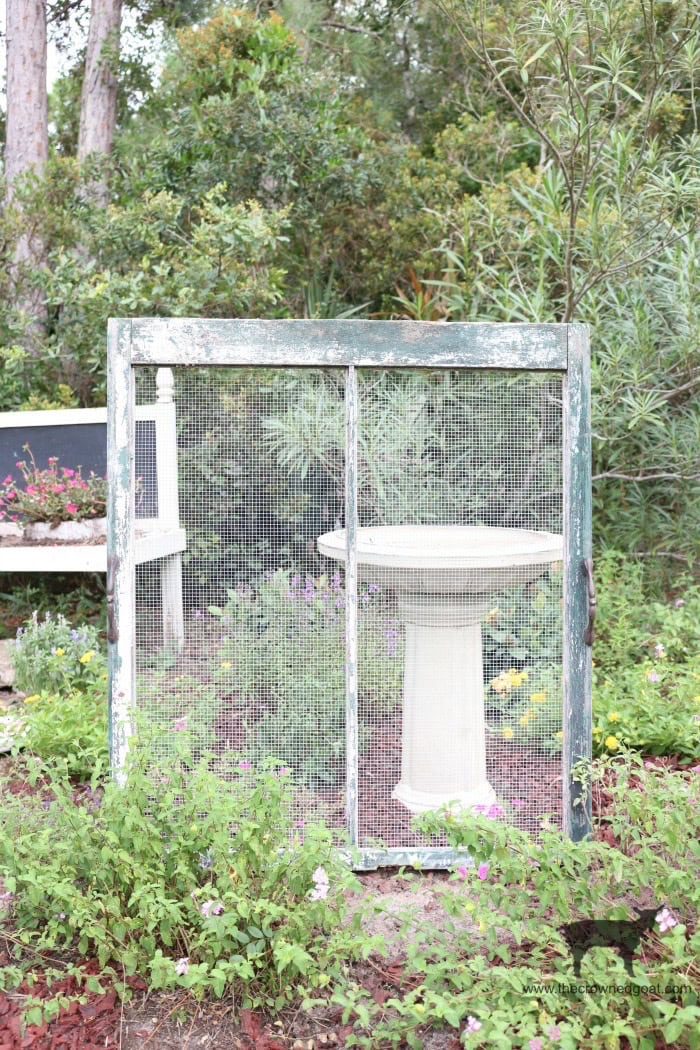 An old window frame with mesh stands in a garden, framing a white birdbath surrounded by green plants and colorful flowers, with trees and bushes in the background.