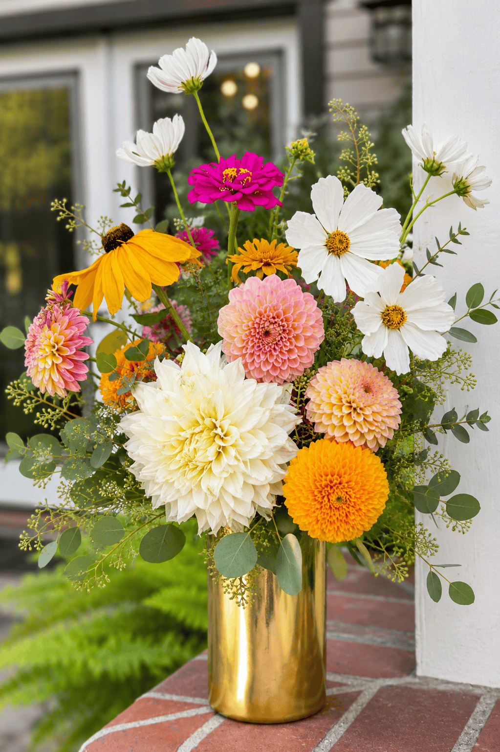 A gold vase filled with a colorful bouquet of dahlias, zinnias, cosmos, and greenery sits on a brick ledge outside a house with white framed windows.