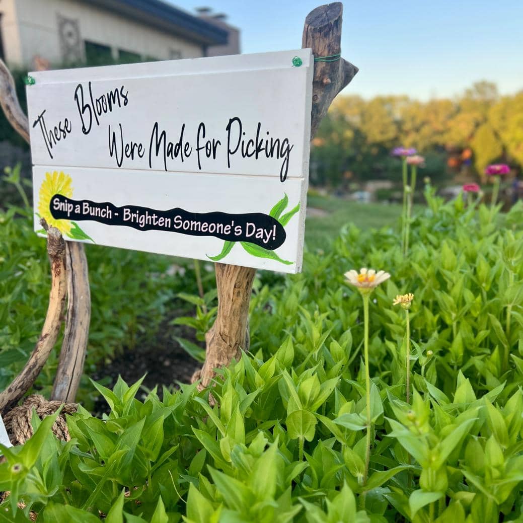 A white sign in a garden reads, "These Blooms Were Made for Picking. Snip a bunch - brighten someone's day!" Green plants and colorful flowers surround the sign.