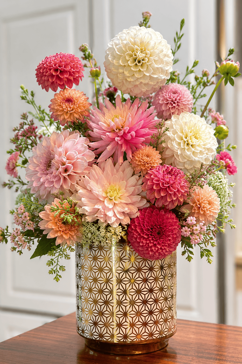 A decorative gold vase holds a vibrant bouquet of pink, peach, and white dahlias, accented with greenery and small filler flowers, set on a wooden surface against a light background.