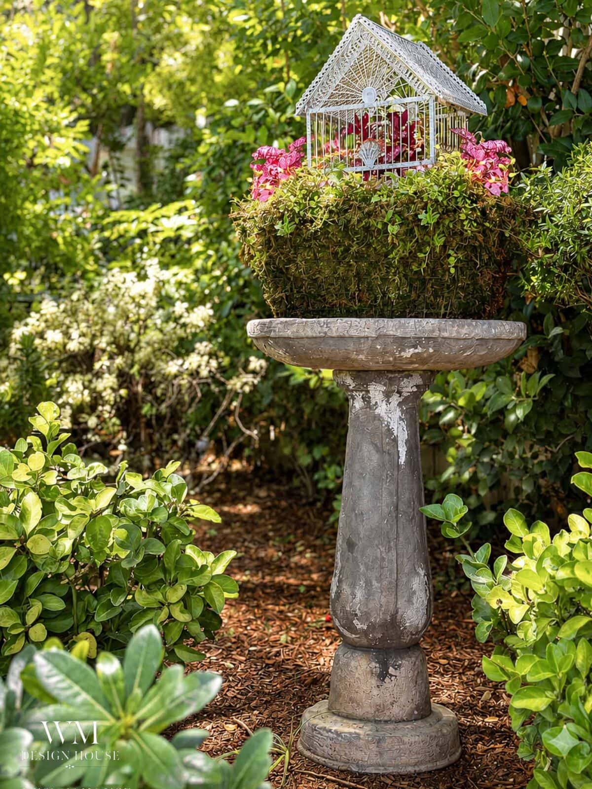 A charming birdcage planter filled with pink flowers and greenery sits atop a moss-covered mound on a weathered stone pedestal in a lush garden setting.