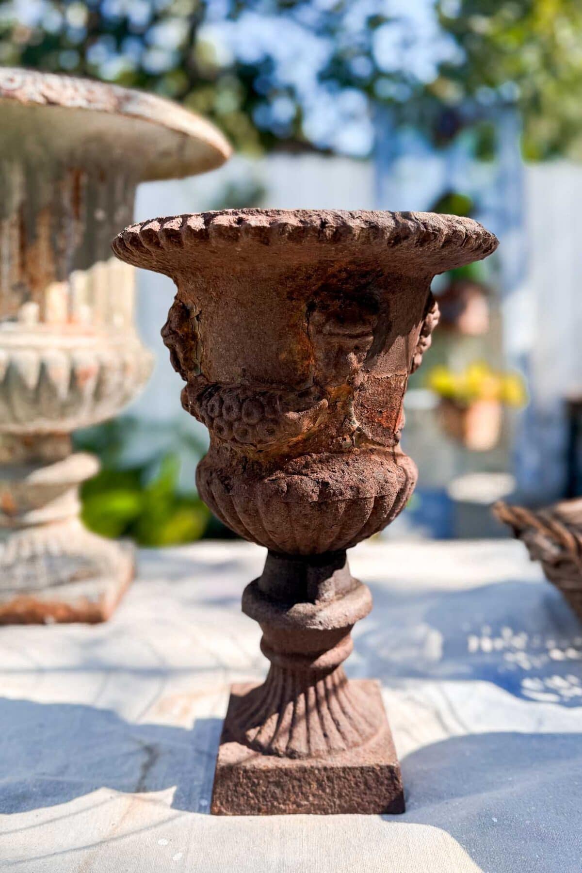 A close-up of an ornate, weathered metal urn with a decorative rim, standing on a pedestal outdoors in bright sunlight. Other pots and greenery are blurred in the background.