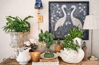 A tabletop with potted plants, books, candles, and ceramic swan decor sits below a framed artwork of two white herons facing each other, with wall lamps on either side.