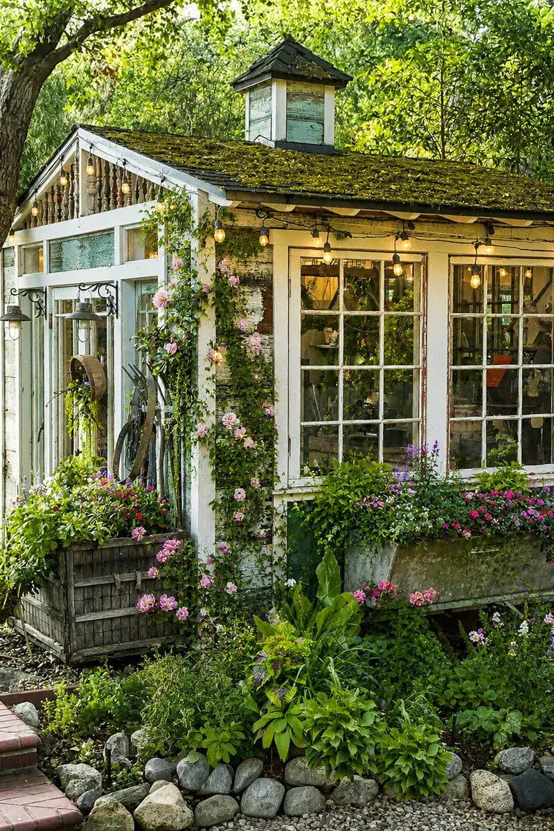 A rustic greenhouse with large windows, draped in flowering vines and string lights, sits in a lush garden surrounded by blooming plants, greenery, and a stone border under a canopy of trees.