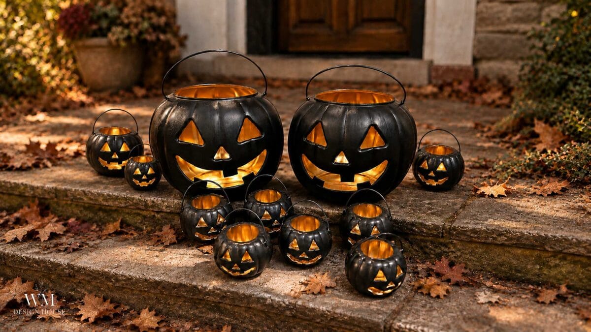 Several black pumpkin-shaped lanterns with glowing faces are arranged on stone steps outdoors, surrounded by autumn leaves. A wooden door and potted plants with a DIY aged urn finish are visible in the background.