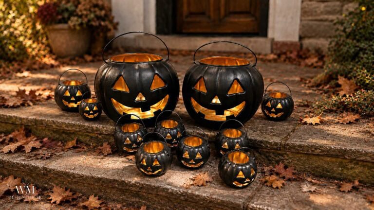 Several black pumpkin-shaped lanterns with glowing faces are arranged on stone steps outdoors, surrounded by autumn leaves. A wooden door and potted plants with a DIY aged urn finish are visible in the background.