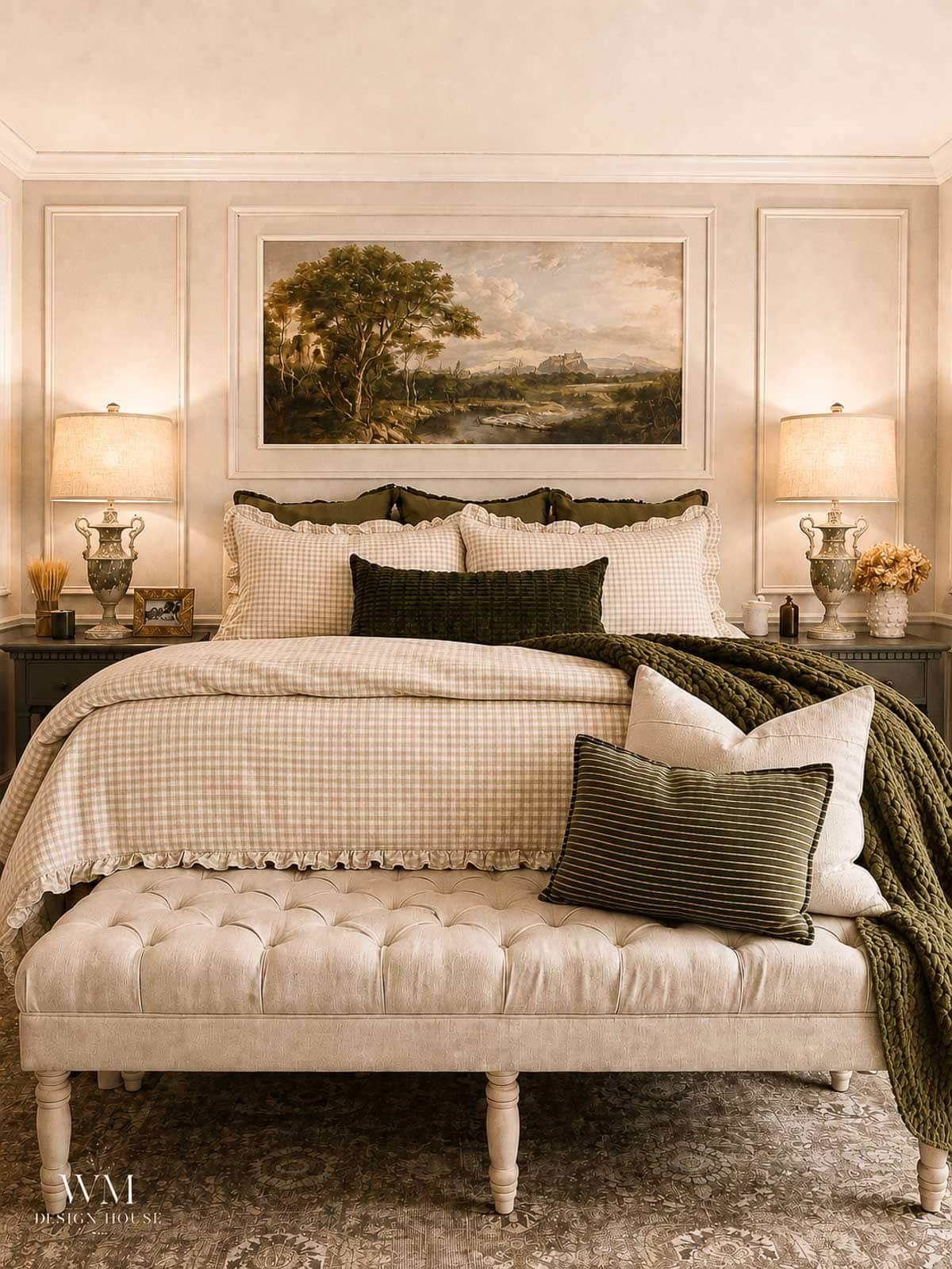 A cozy bedroom with a neatly made bed, green and beige pillows, a tufted bench, two bedside tables with lamps, and a landscape painting above the headboard. Warm, neutral tones create an inviting atmosphere.