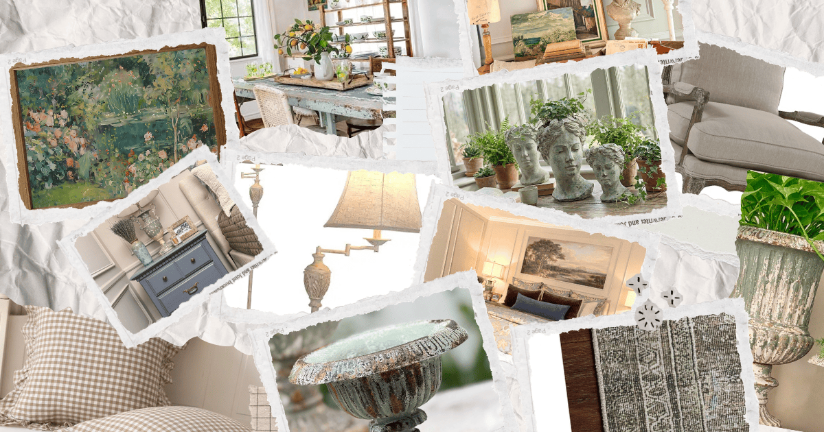 Collage of vintage-inspired home decor: paintings, floral patterns, distressed furniture, urn planters, table lamps, and garden statues—all in soft pastel and earthy tones—creating a cozy and elegant atmosphere perfect for those seeking master bedroom decorating ideas.