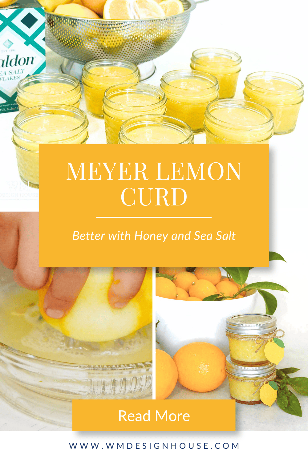 Jars of Meyer lemon curd on a white surface, a hand juicing a lemon, fresh lemons with leaves, and text: “Meyer Lemon Curd—Better with Honey and Sea Salt.” Discover the bright, tangy flavor of Meyer Lemon Curd. Website link at the bottom.
