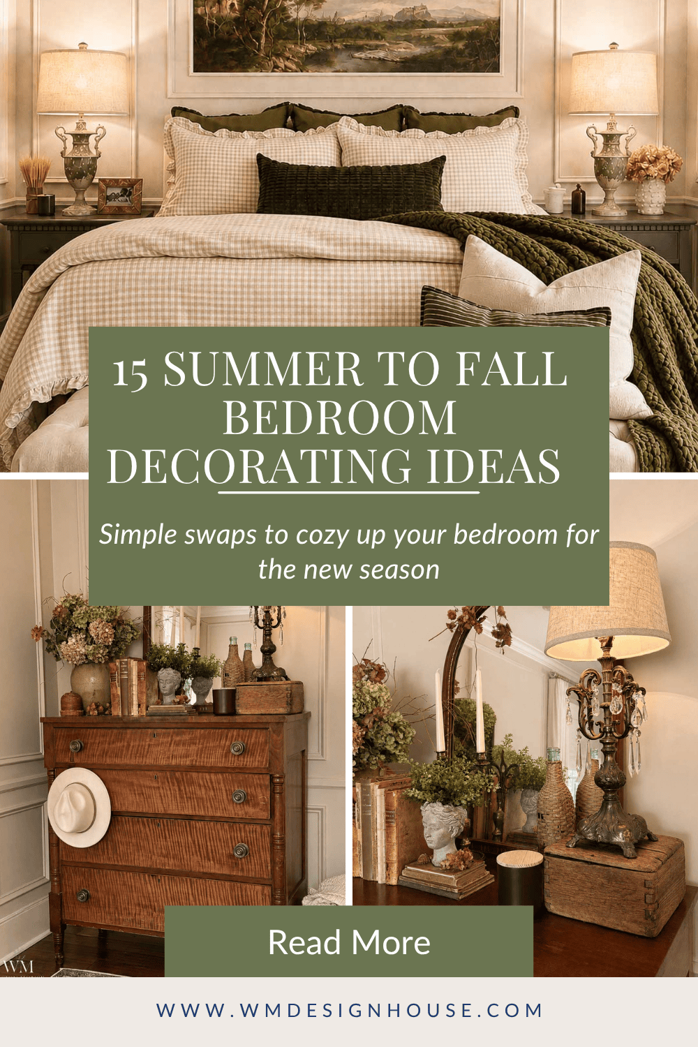 A cozy bedroom with neutral and green bedding, wooden furniture, fall-themed decor, and warm lighting creates the perfect seasonal refresh—discover 15 summer to fall bedroom decorating ideas for inviting autumnal charm.