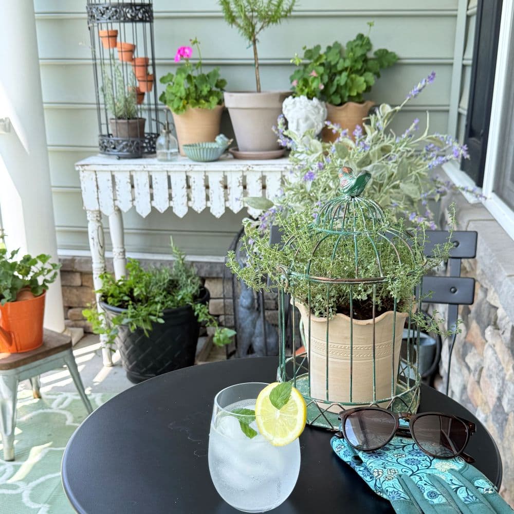 A glass of water with lemon, sunglasses, and gardening gloves sit on a black table. Potted plants and herbs are displayed on a nearby white table and on the floor, creating a cozy, green outdoor patio scene.