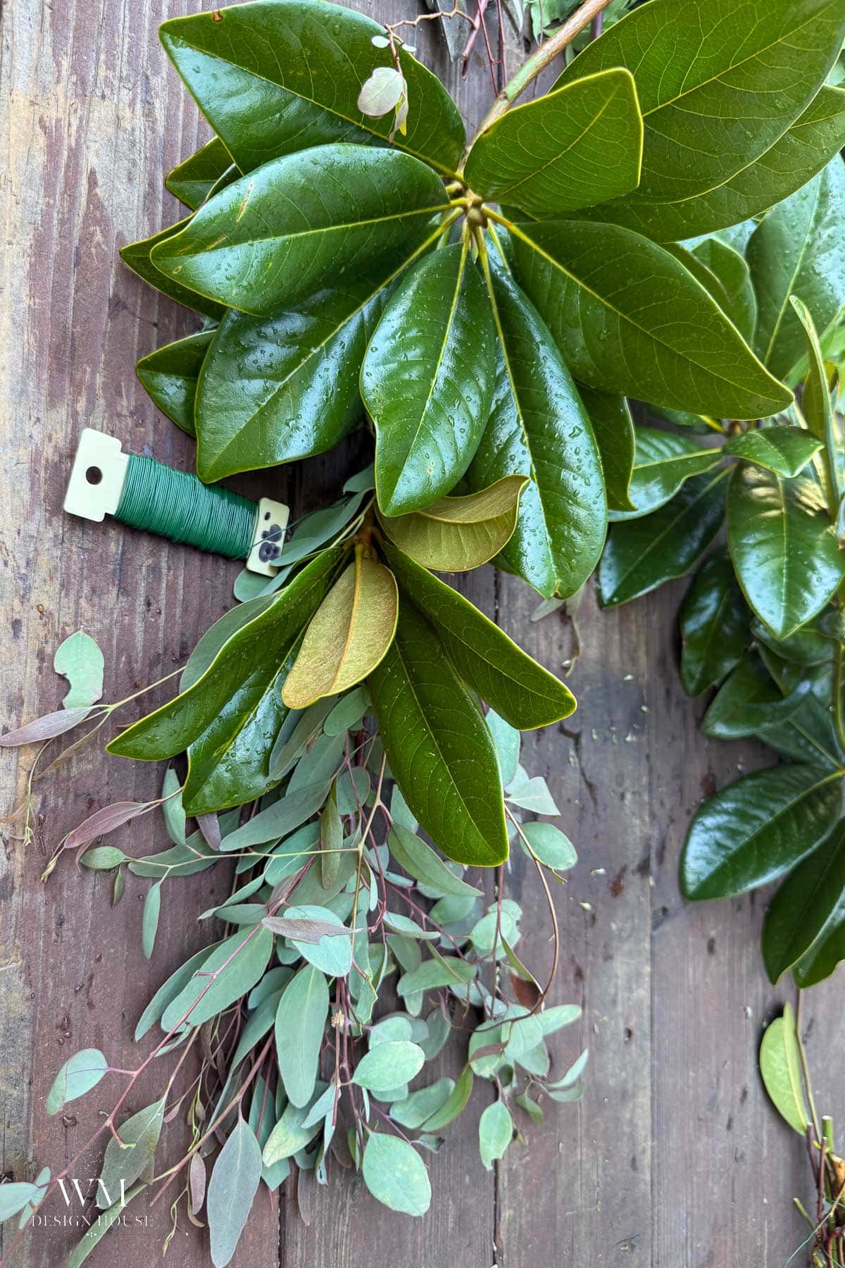 : Magnolia and eucalyptus bundle being wired together with green floral paddle wire