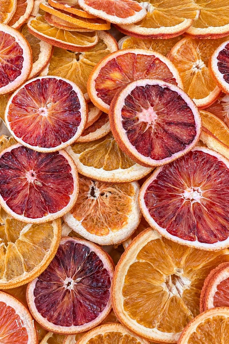 A close-up of dried citrus fruit slices, including oranges and blood oranges, overlapping in a colorful, textured arrangement.